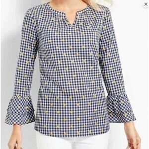 Talbots Blue & White Gingham Blouse Yellow Embroidered Flowers Bell Sleeve Large